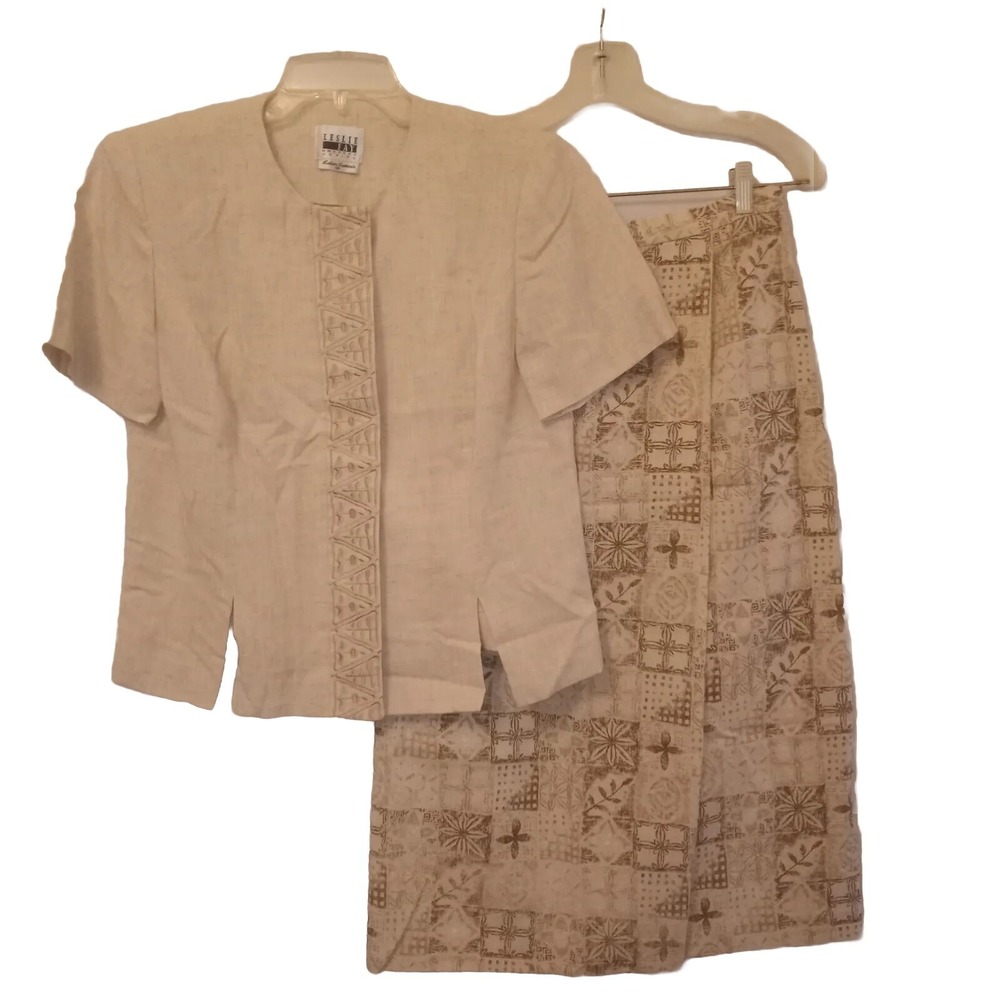Leslie Fay Dresses Petites 10P Skirt Set Tan Embroidered Print Faux Wrap-around